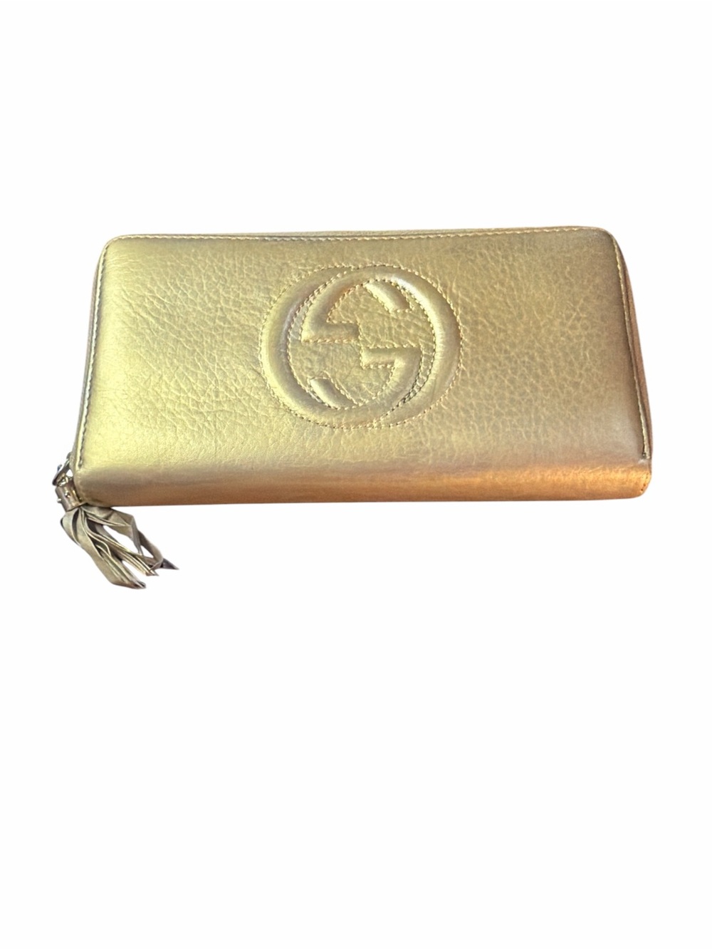Gucci Soho Metallic Gold Leather Zip Around Wallet - Authentic